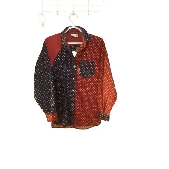 Vintage Banjo Dallas Texas Western Shirt Red Blue Polka Dot Patchwork Medium USA - Picture 3 of 7